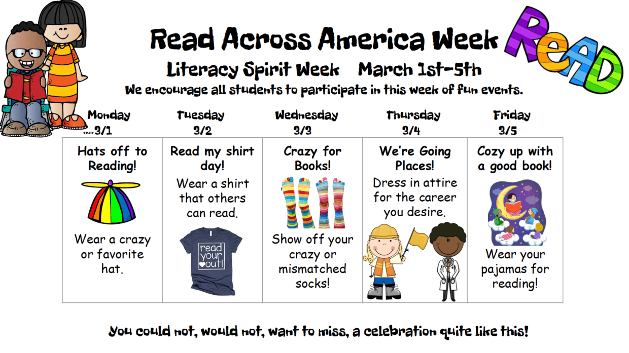 Literacy Spirit Week Read Across America Week March 1st 5th Col