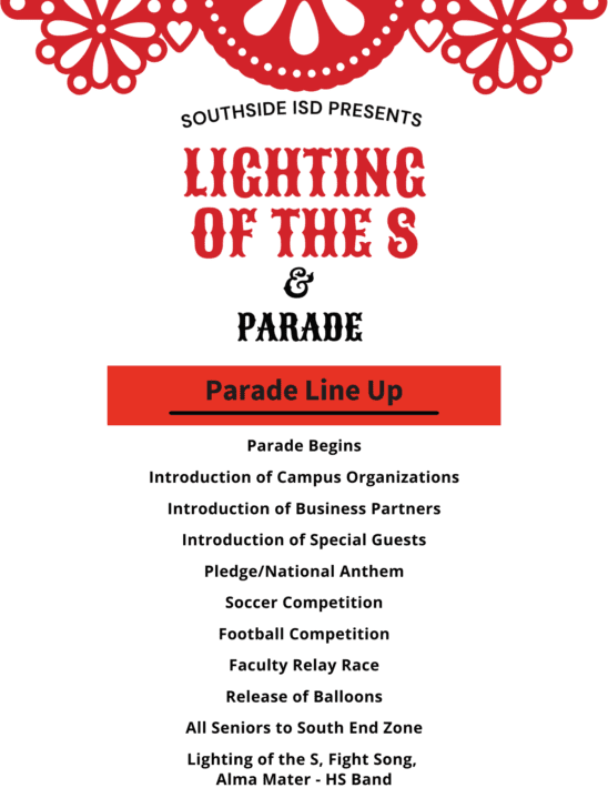 Parade Begins Introduction of Campus Organizations Introduction of Business Partners Introduction of Special Guests PledgeNational Anthem Soccer Competition Football Competition Faculty Relay Race Release of