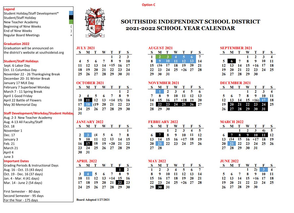 Lone Star College Calendar 2022 Board Adopts 2021-2022 Academic Calendar - Southside Independent School  District