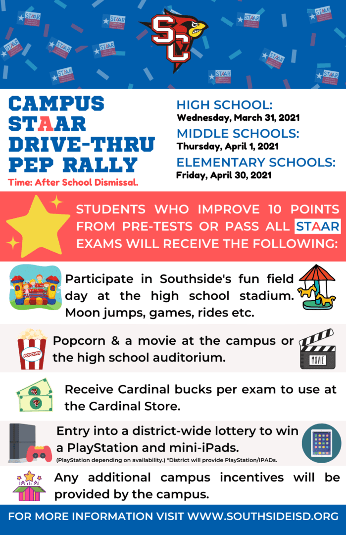 STAAR Drive Through Campus Pep Rally Dates & Times Southside