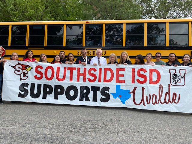 A team of Southside ISD educators, led by Superintendent Rolando Ramirez, joins to support Uvalde CISD Superintendent Dr. Hal Harrell.